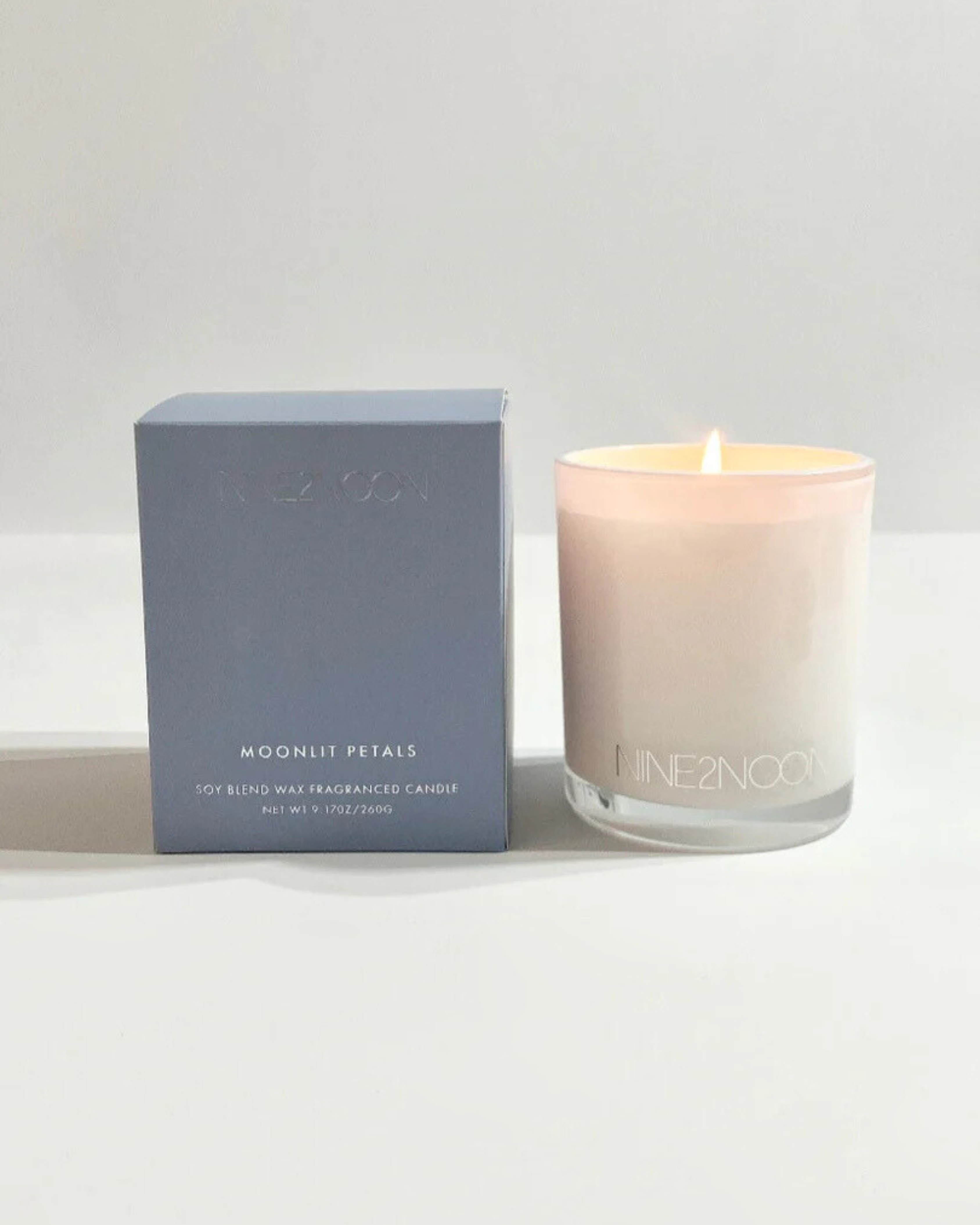 Nine2Noon Moonlit Petals candle made from natural soy and coconut wax.