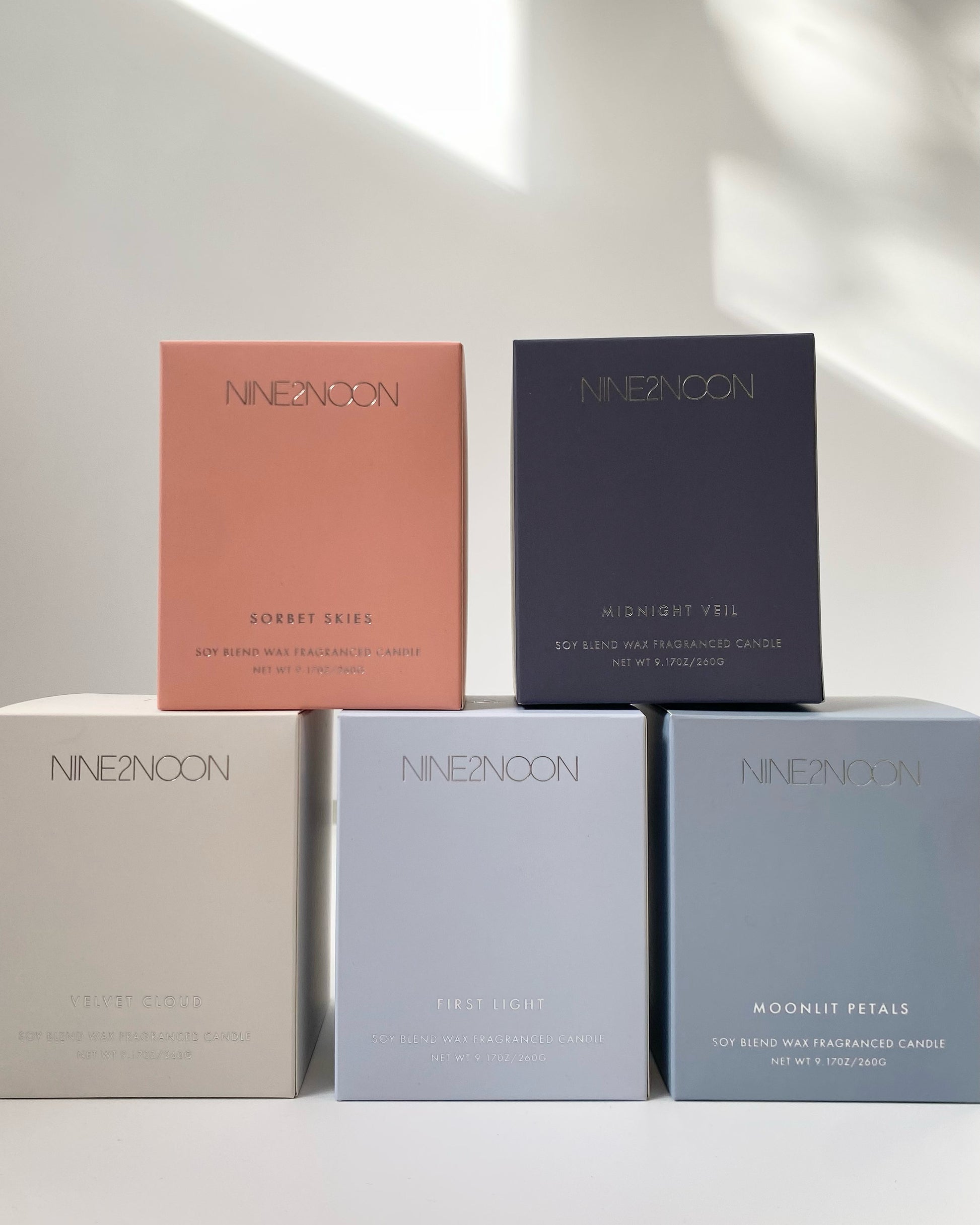 Velvet Cloud, First Light, Moonlit Petals, Midnight Veil, Sorbet Skies